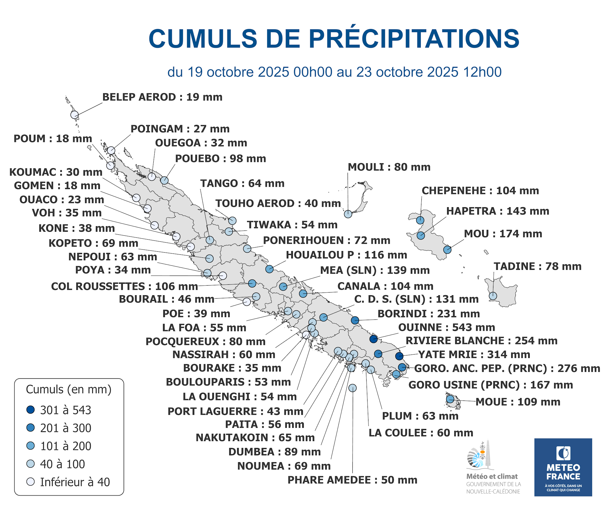 Cumuls de précipitations du 19/10/25 00h00 au 23/10/25 12h00