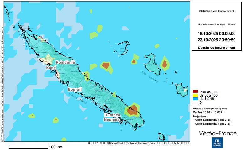 Impacts de foudre détectés entre le 19 et le 23 octobre 2025.