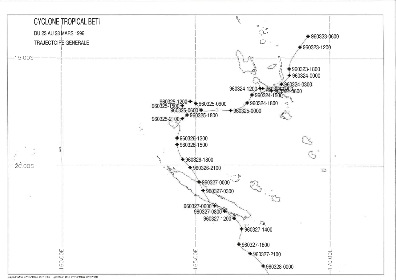   Carte de trajectoire du cyclone BETI du 23 au 28 mars 1996