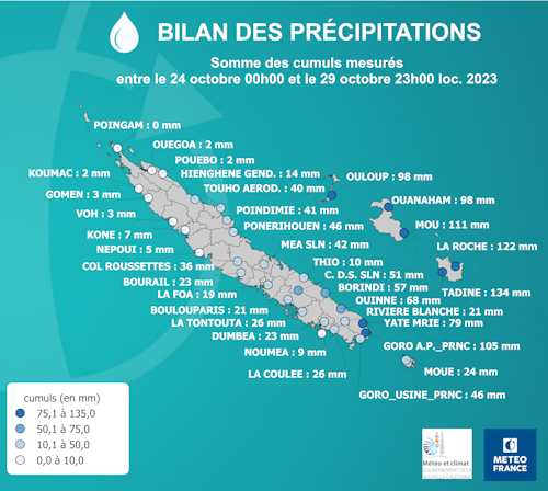 LOLA - Cumuls de précipitations mesurés du 24 octobre à 00h00 au 29 octobre à 23h00 loc.