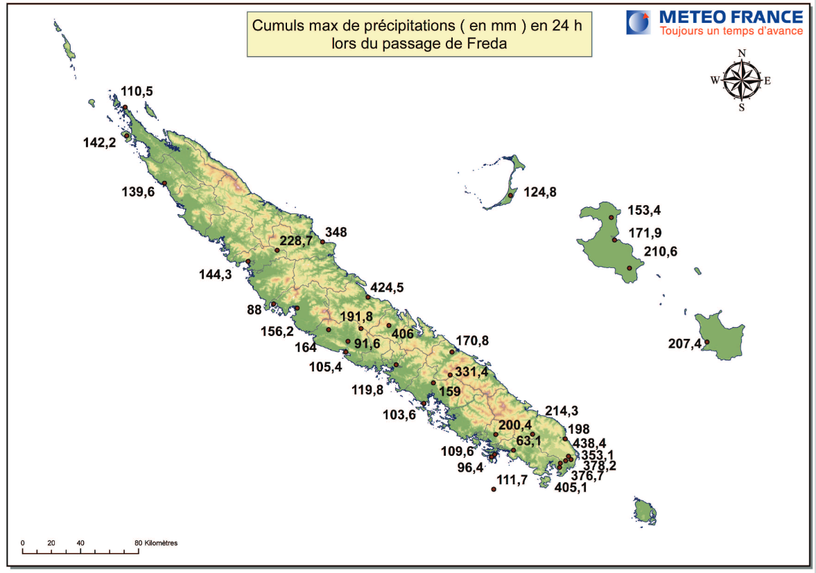 Carte représentant les cumuls maximum de précipitations en 24 heures