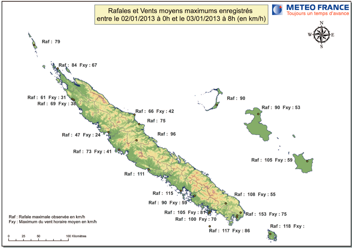 Carte représentant les mesures des rafales et des vents moyens maximum 