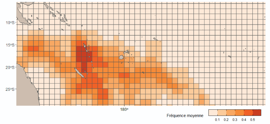 Nombre moyen de phénomènes cycloniques en saison La Niña