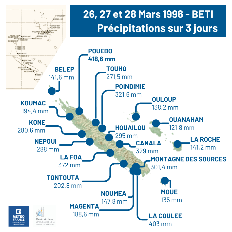 Cumul des précipitations sur 3 jours, du 26 au 28 mars 1996