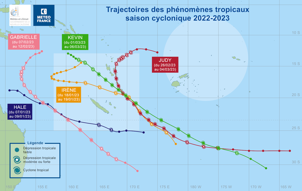 Carte des trajectoires observées des phénomènes tropicaux au cours de la saison 2022-2023 dans le Pacifique Sud-Ouest