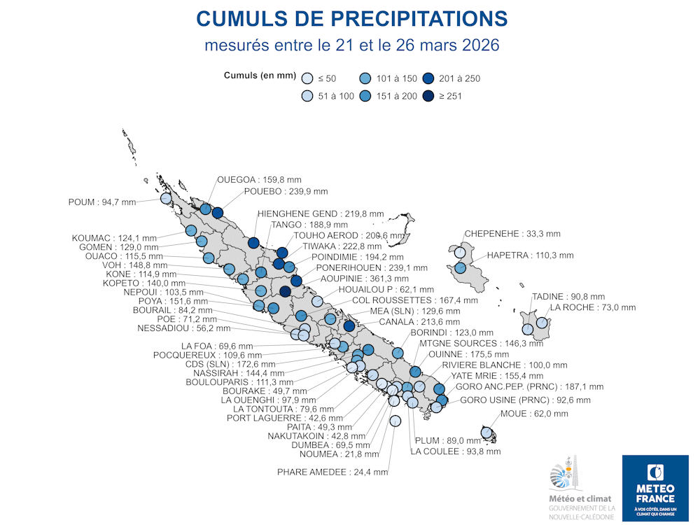 Cumuls de précipitations entre le 21 et le 26 mars 2026