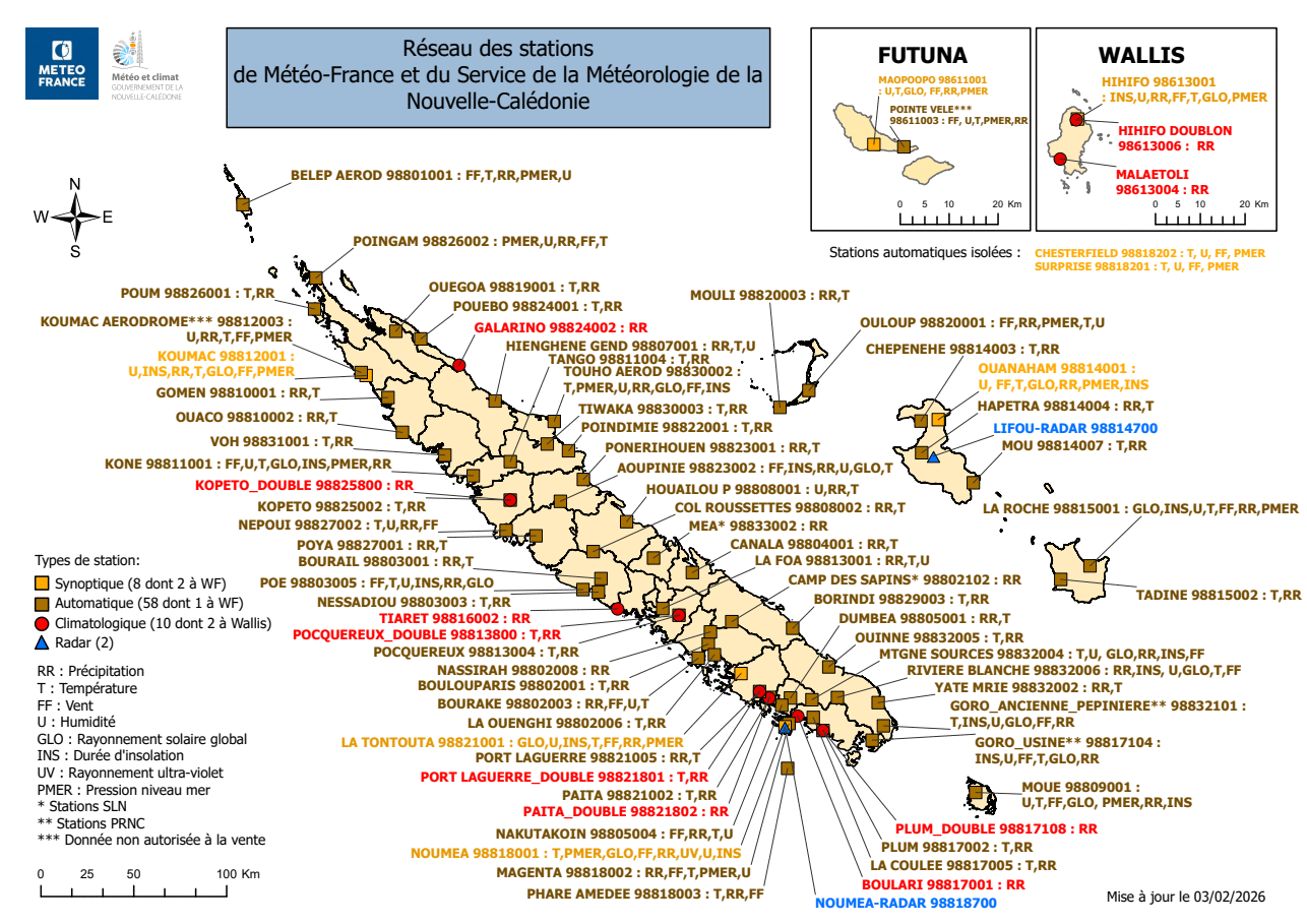 Cartographie des stations météorologiques de Nouvelle-Calédonie et Wallis-et-Futuna