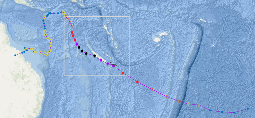Trajectoire du Cyclone Tropical Très Intense ERICA