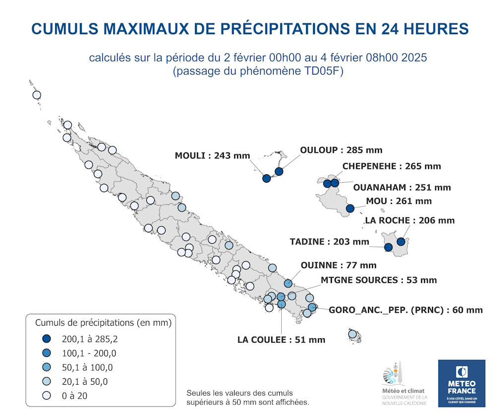 Cumuls maximaux sur 24 heures glissantes calculés entre le 2 février 00h00 et le 4 février 08h00 2025.