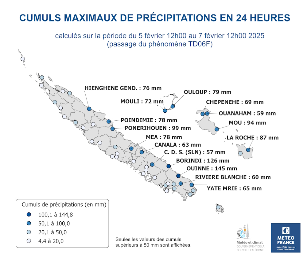 Cumuls maximaux sur 24 heures glissantes calculés entre le 5 février 12h00 et le 7 février 12h00 2025.