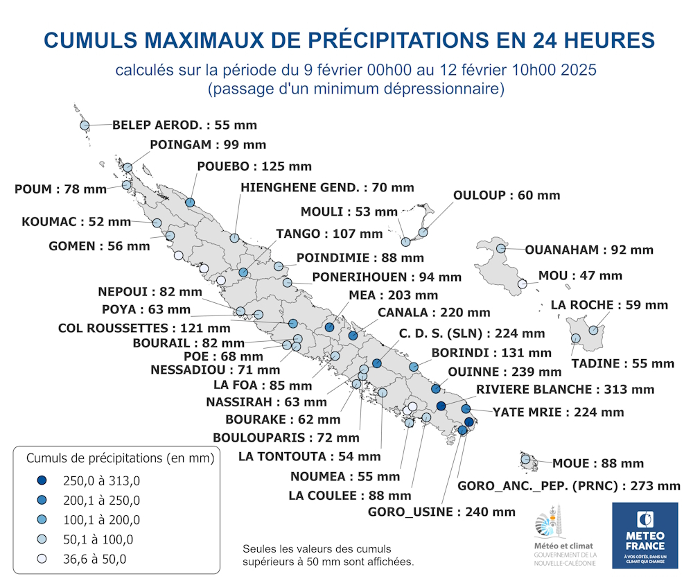 Cumuls maximaux sur 24 heures glissantes calculés entre le 9 février 00h00 et le 12 février 10h00 2025.