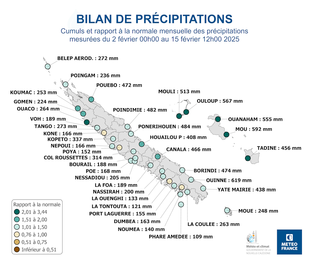 Cumuls de précipitations et rapports à la normale mensuelle (période de référence : 1991-2020) mesurés entre le 2 février 00h00 et le 15 février 12h00 2025.