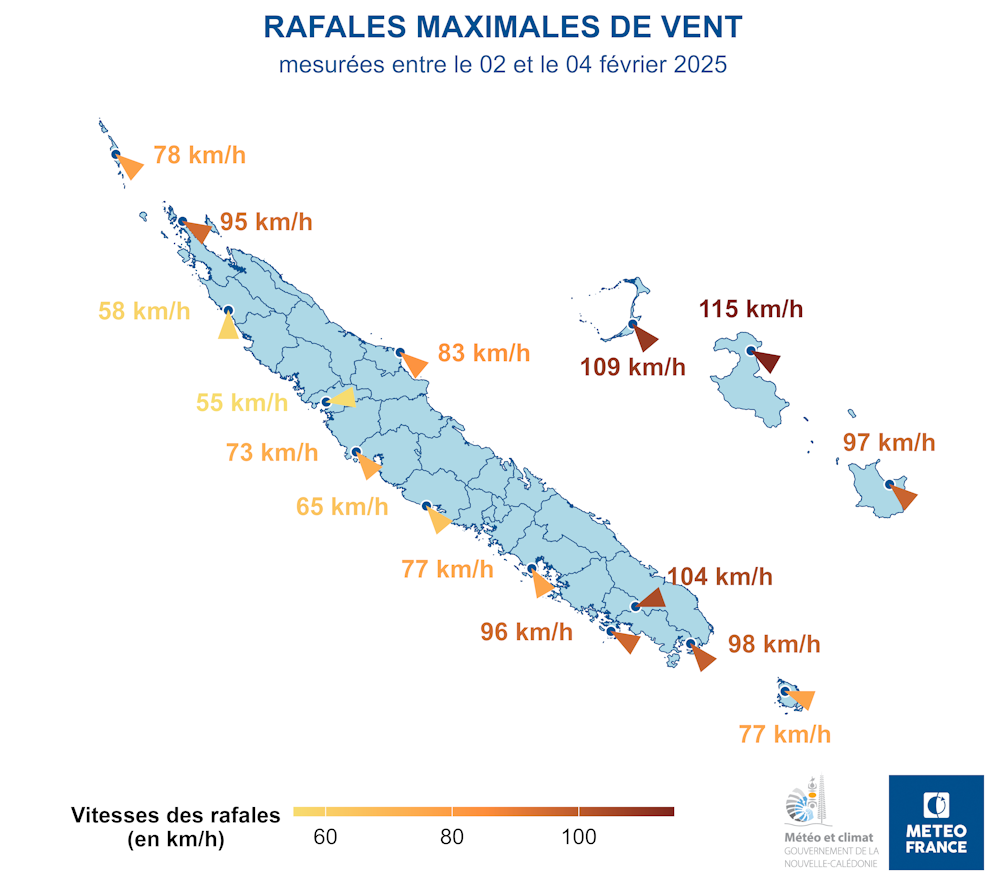 Rafales maximales de vent mesurées du 2 au 4 février 2025.