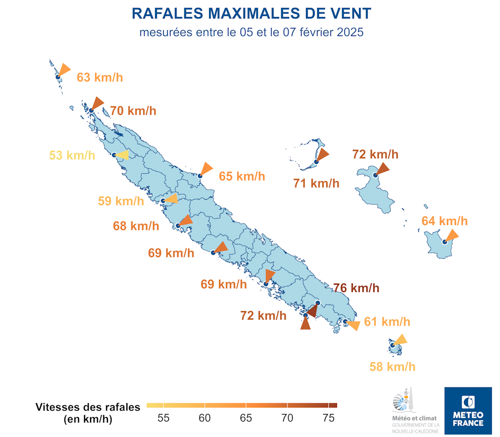 Rafales maximales de vent mesurées du 5 au 7 février 2025