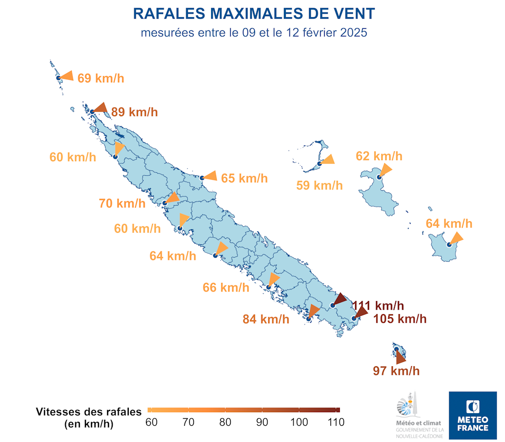 Rafales maximales de vent mesurées du 9 au 12 février 2025.