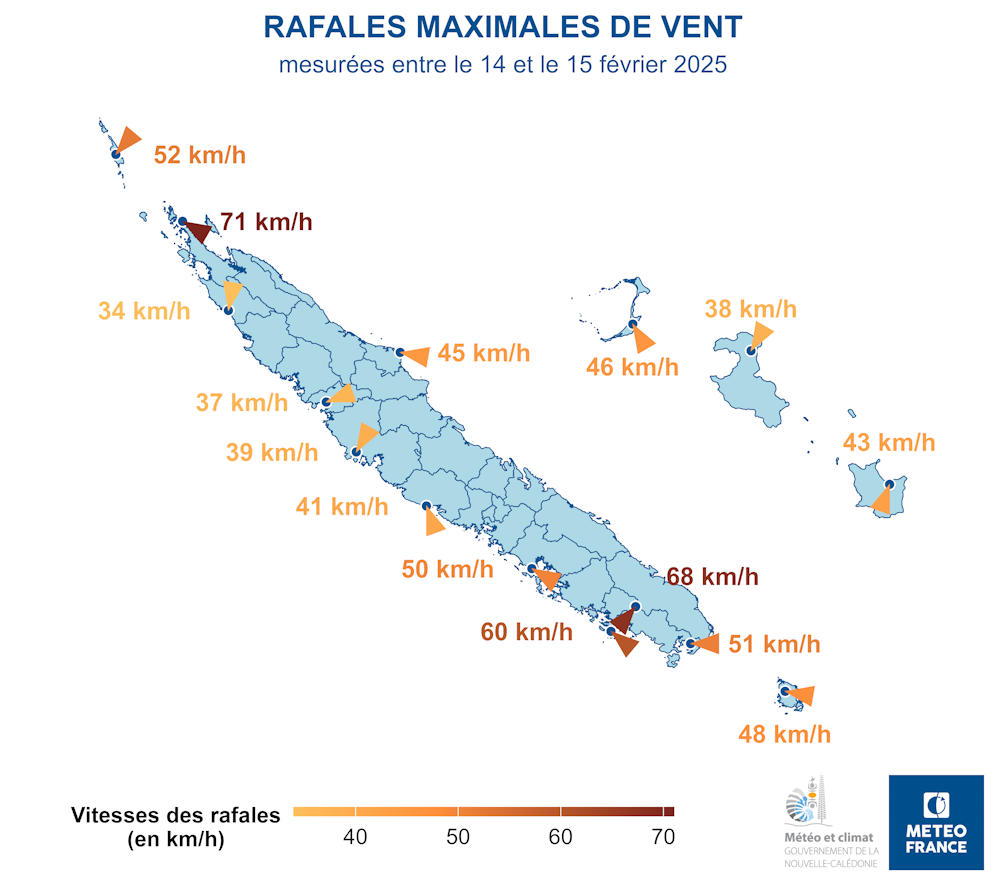 Rafales maximales de vent mesurées du 14 au 15 février 2025.