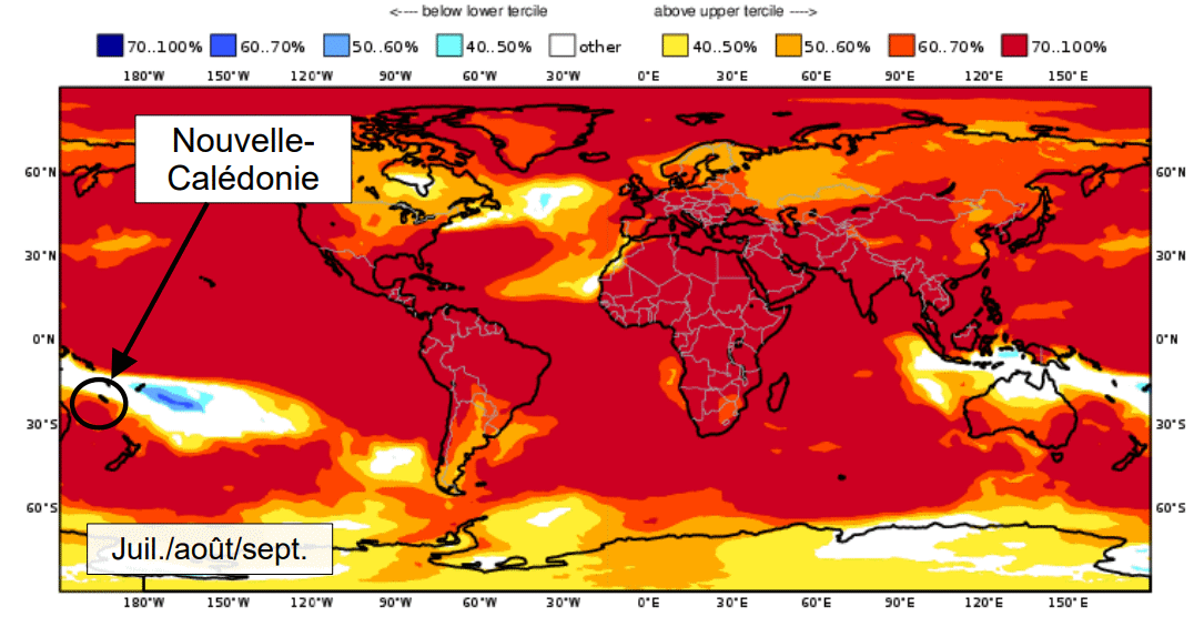 Prévisions probabilistes des anomalies de température entre juillet et septembre 2026 par rapport à la normale 1993-2016. Source : Source : Prévision d’ensemble multi-modèles, Copernicus, mai 2026.
